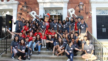 group of students with Scarlet Knight mascot