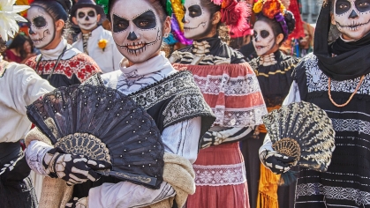 crowds dress up for Day of the Dead celebration in Mexico City