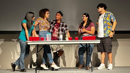Students perform in SCREAM Theater. From L-R: Aparna Natarajan, Marwa Shaaban, Pooja Sindha, Myron Molina