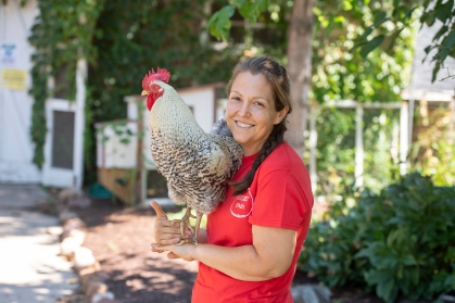 Senior research animal worker Rebecca J. Potosky holds Scuttle the chicken, one of many animals she helps to care for during the summer as part of the Animal Care Program at Rutgers Farm
