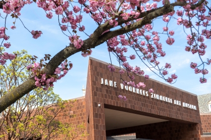 A view of emerging blossoms outside the Jane Voorhees Zimmerli Art Museum building in New Brunswick on the College Avenue campus
